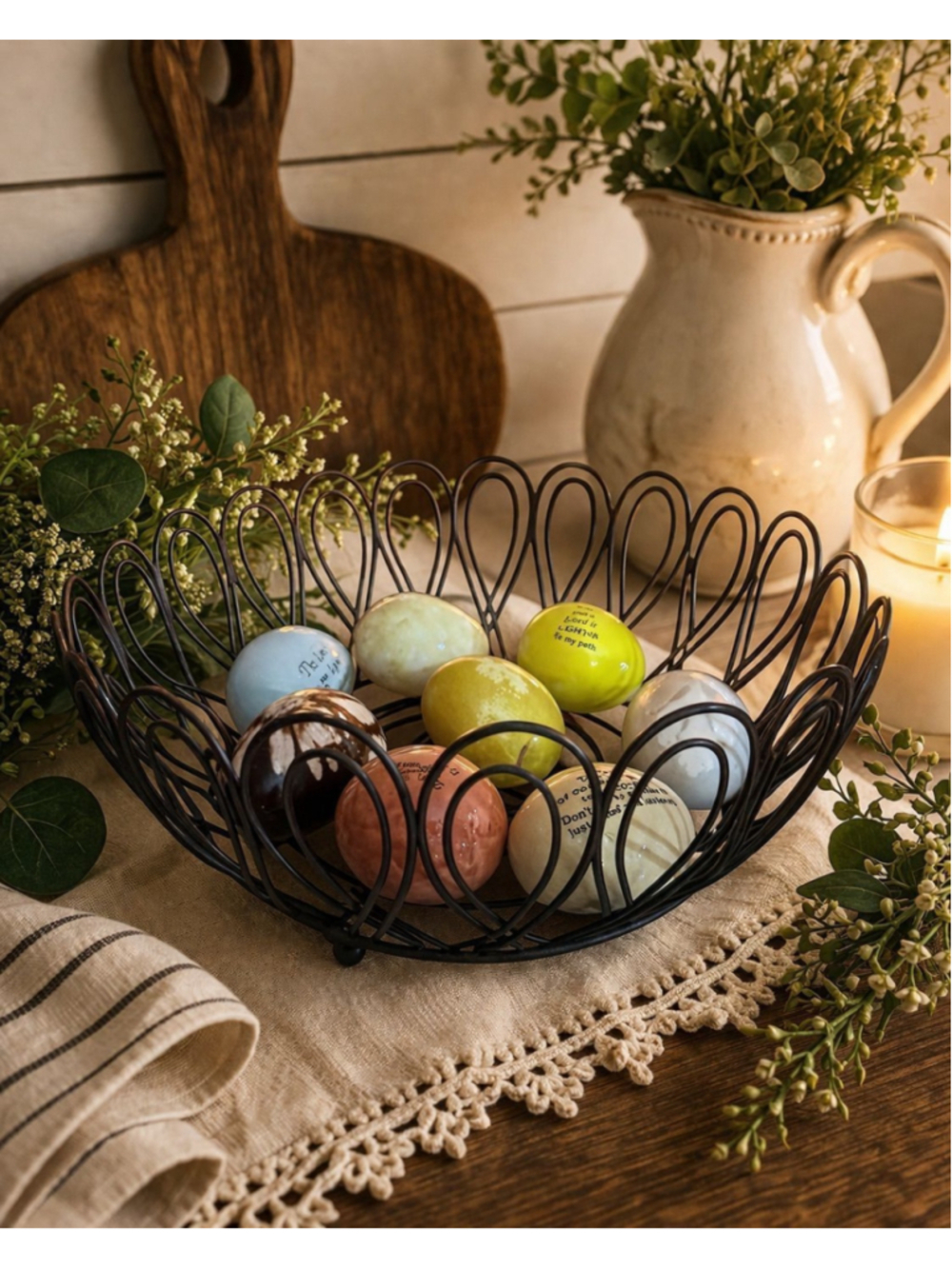 Farmhouse Wire Basket Inspirational Decorative Eggs Rustic Cottagecore